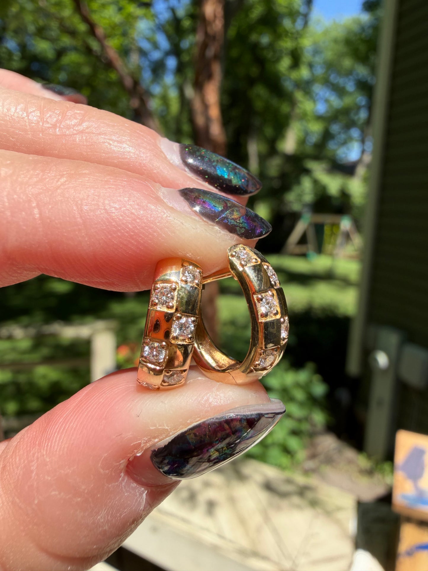Solid 14k & Diamond Checkered Huggie Hoop Earrings