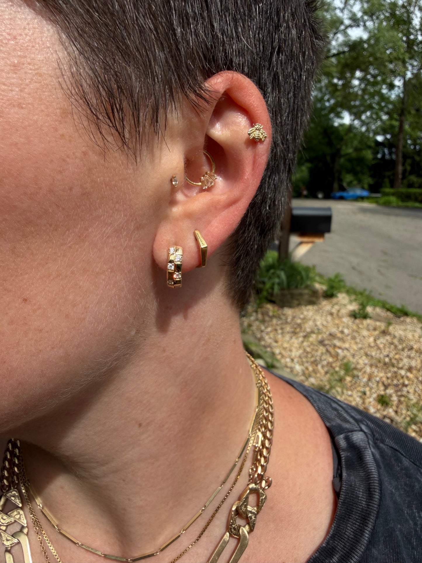 Solid 14k & Diamond Checkered Huggie Hoop Earrings